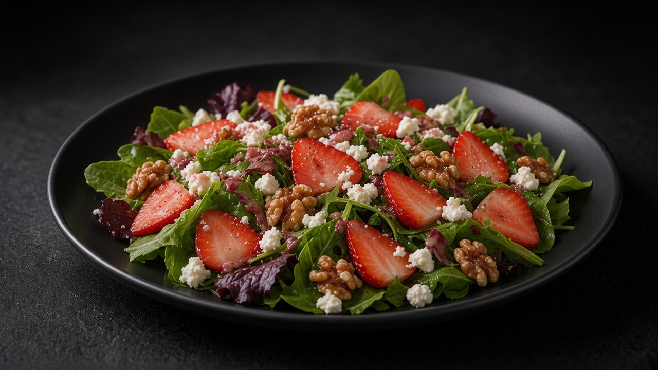 Mixed green salad with strawberries, feta and walnuts on a matte dark plate.