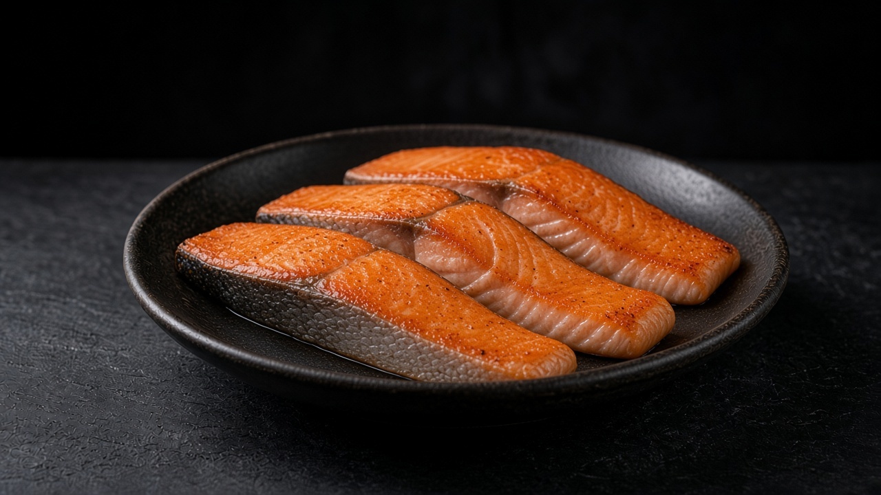 Hot-smoked salmon fillets with a burnished, smoky surface on a matte black platter.