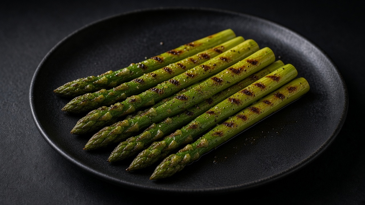 Bright green grilled asparagus spears with dark char marks on a matte black plate.