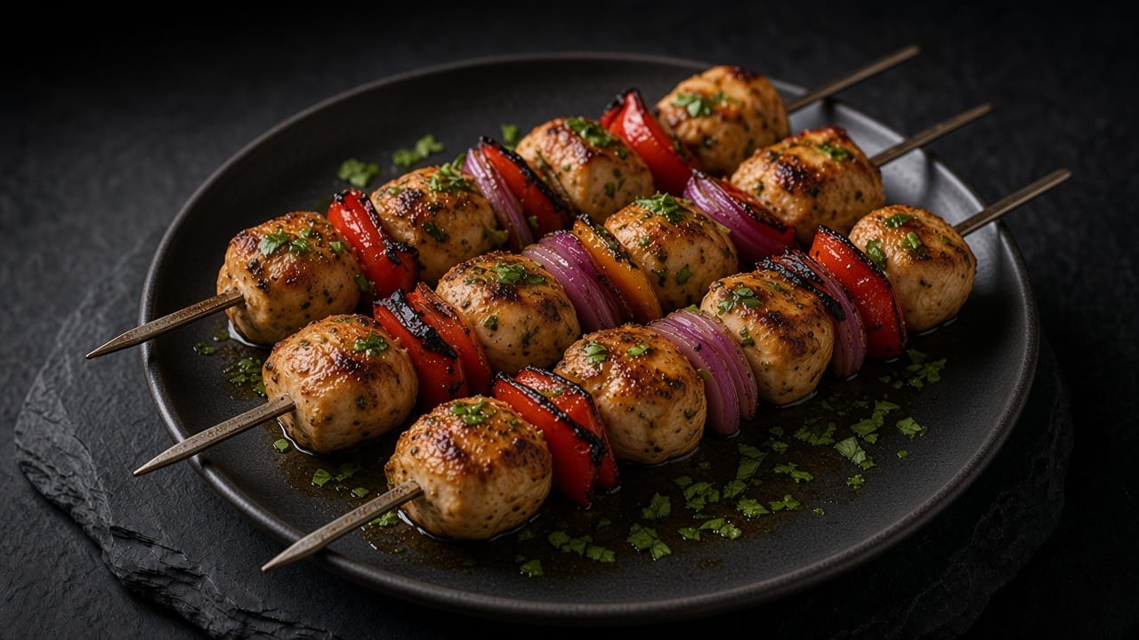 Grilled chicken kebabs with charred red peppers and red onion, brushed with lemon-basil dressing, on a matte dark plate.