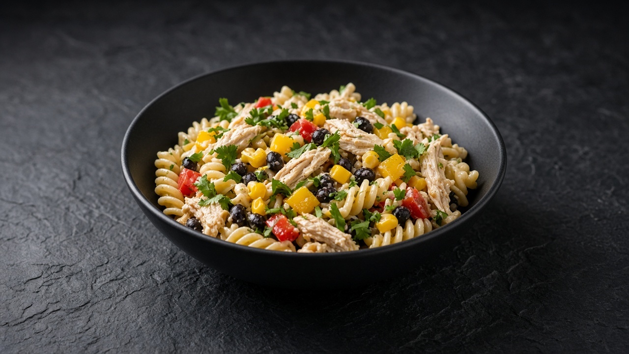 Corkscrew pasta in a creamy dressing with shredded chicken, yellow corn, black beans, red and yellow pepper and coriander.