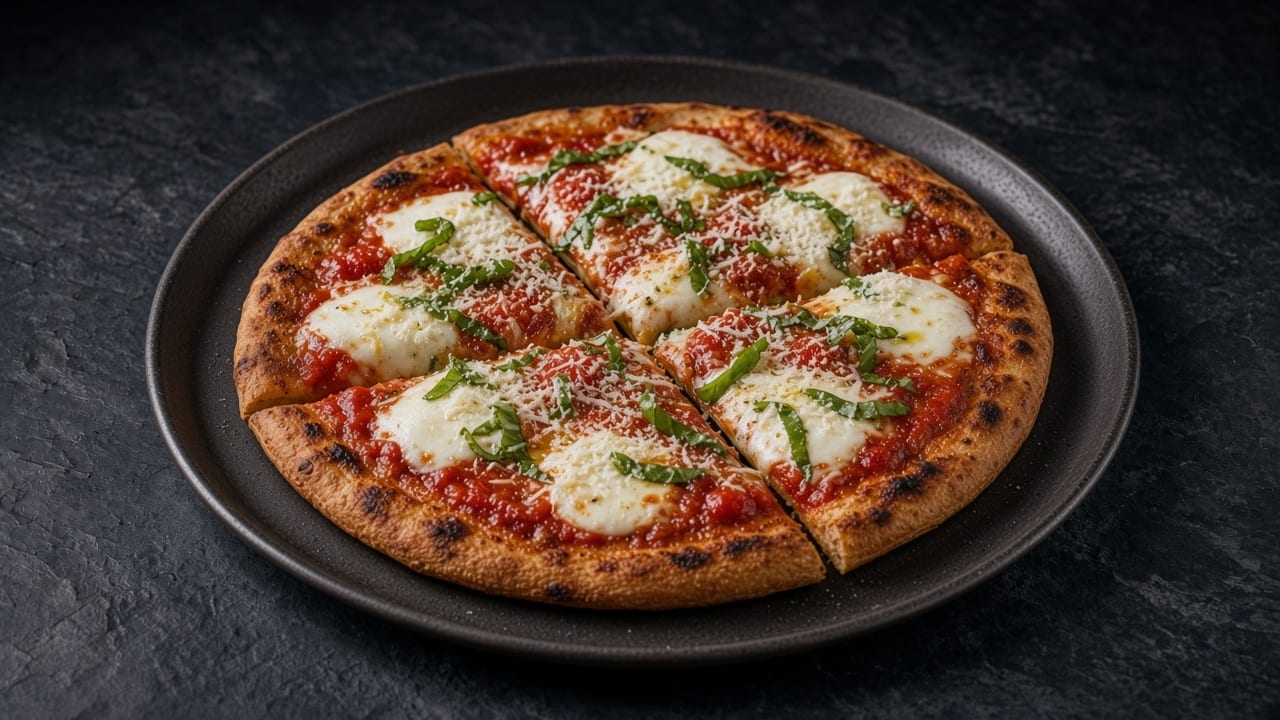 A charred grilled margherita pizza cut into wedges, with melted mozzarella, tomato sauce and basil on a black plate.