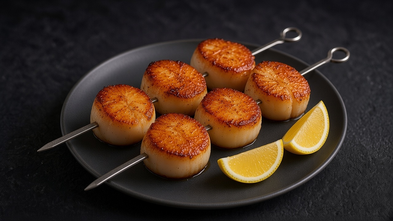 Golden grilled sea scallops on metal skewers with lemon wedges on a matte dark plate.