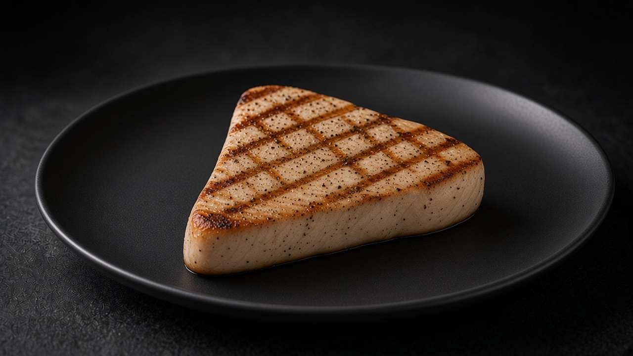 A grilled swordfish steak with dark char marks on a matte black plate.