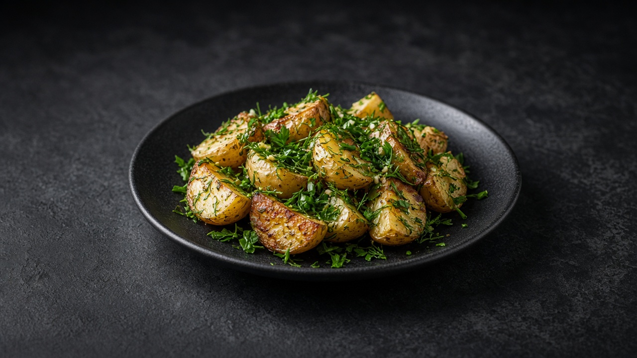 Golden sautéed quartered new potatoes tossed with chopped parsley, dill and chives on a matte black plate.