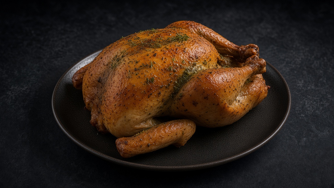 A whole golden roast turkey flecked with green herb paste on a matte black platter.