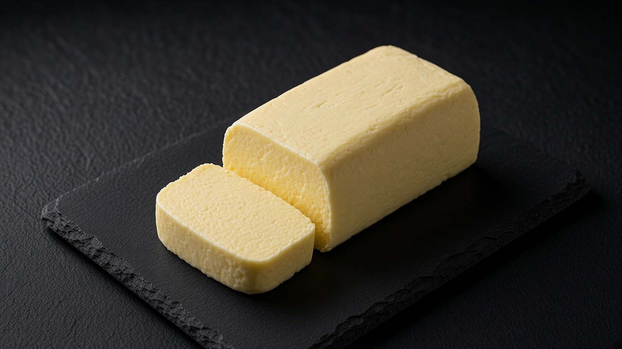 A pale yellow log of fresh homemade butter with one cut slice on a matte black slate.