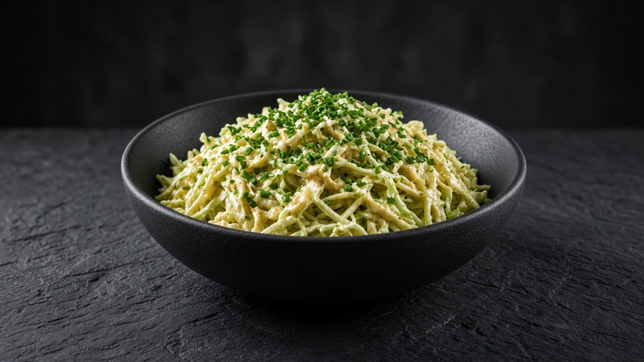 A bowl of shredded green cabbage in a yellow honey-mustard dressing, topped with chopped chives.