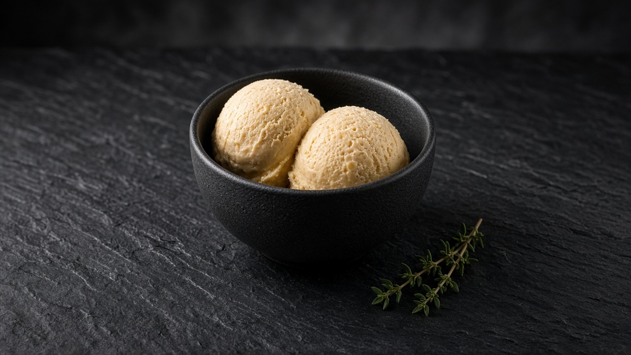 Two scoops of pale honey-gold custard ice cream in a black bowl, with a sprig of fresh thyme beside it.