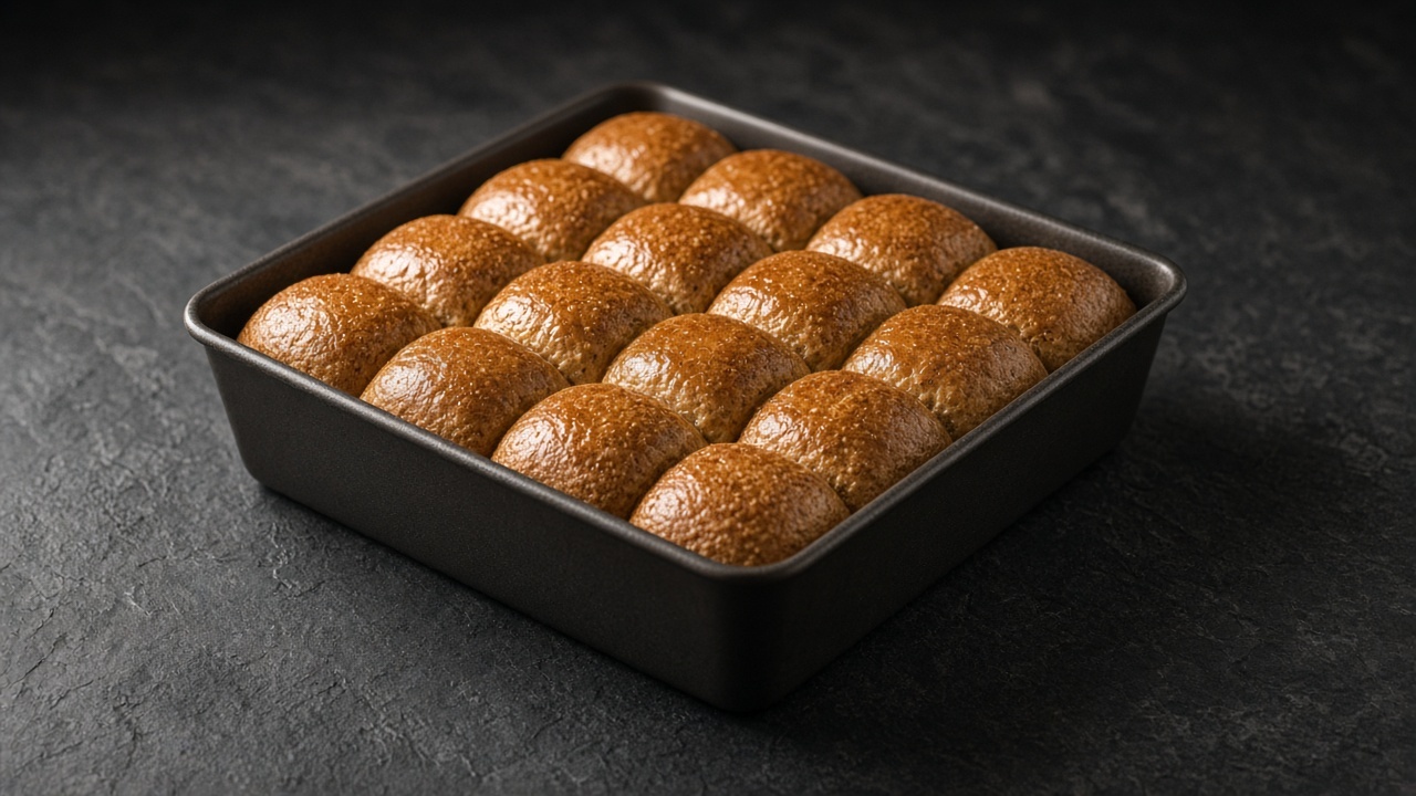 Sixteen soft brown wholemeal dinner rolls baked close together in a square tin.