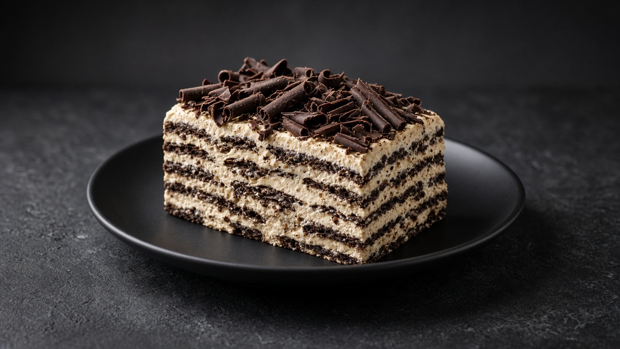 A slice of icebox cake with layers of dark chocolate wafers and pale coffee cream, topped with dark chocolate curls.