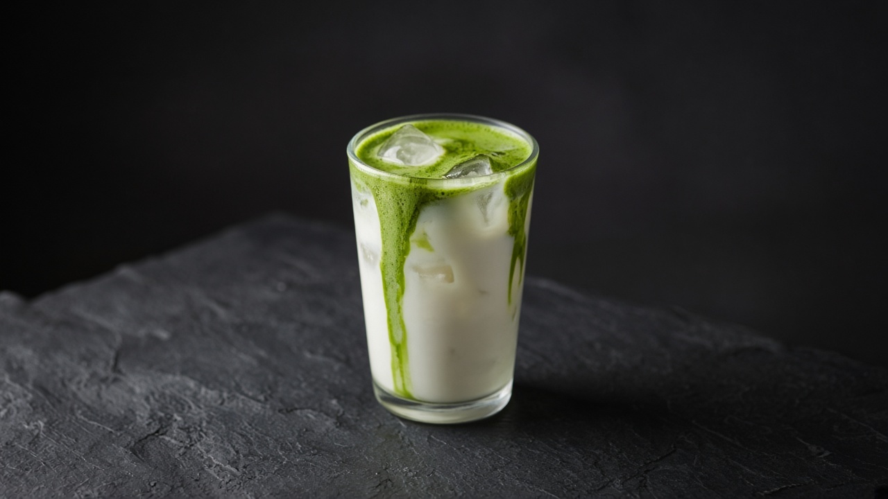 A tall glass of iced milk with a swirl of bright green matcha poured over the top.