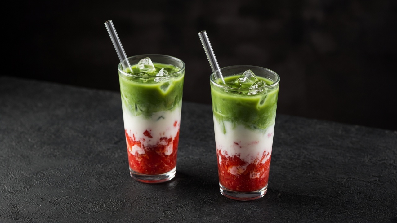 Two tall glasses with layers of red mashed strawberries, white milk and bright green matcha over ice, with clear straws.