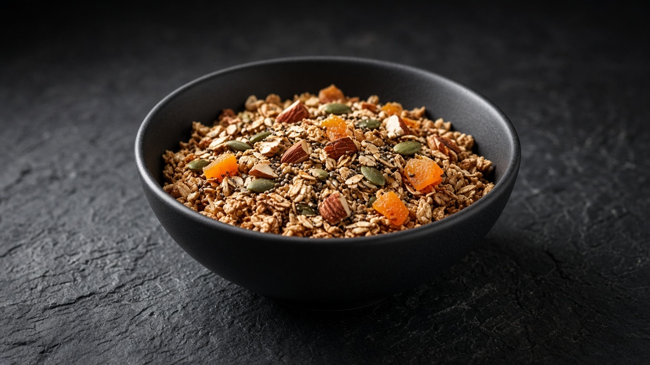 A bowl of brown granola with visible almond pieces, pumpkin seeds and dried apricots.