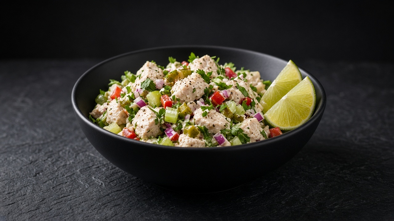 Creamy chicken salad flecked with green jalapeño, red pepper and coriander in a bowl with lime wedges.