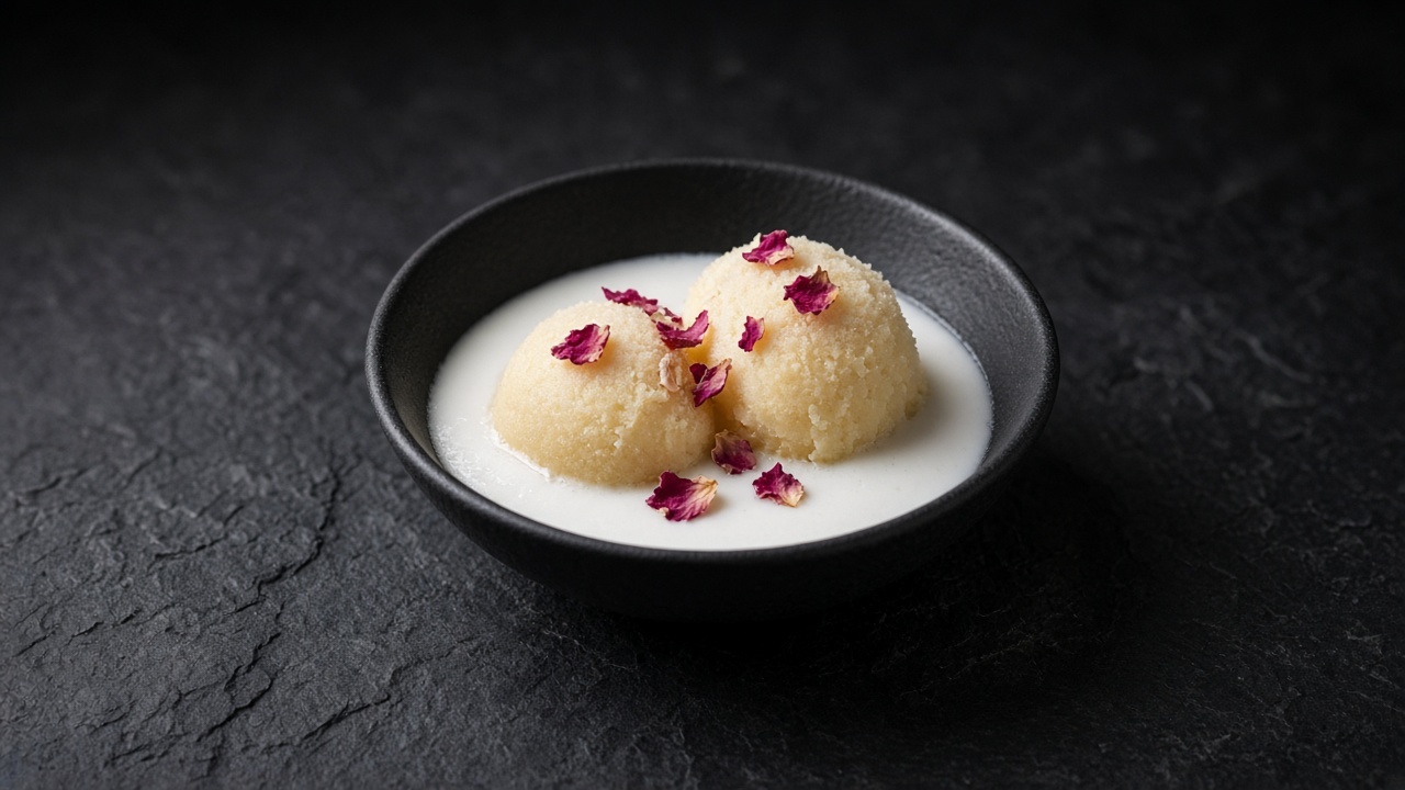 Two scoops of pale golden jasmine tea sorbet in coconut milk, scattered with dried rose petals, in a black bowl.