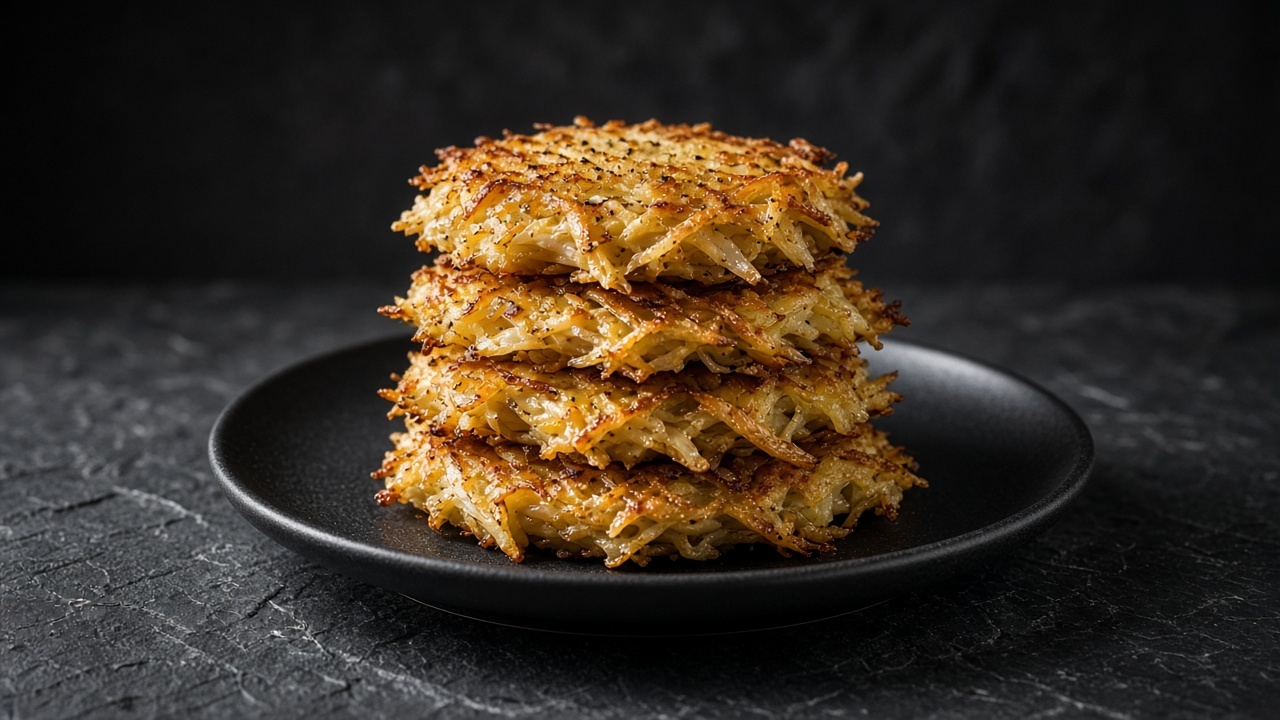 A stack of crisp golden-brown grated artichoke pancakes lightly flecked with pepper.