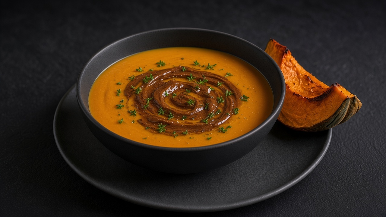 Golden orange kabocha mash with chopped parsley on a matte dark plate.