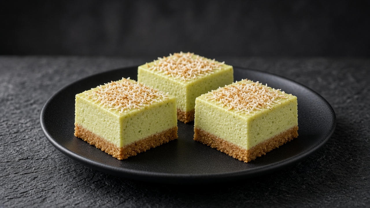 Pale green lime squares on a biscuit base sprinkled with toasted coconut.
