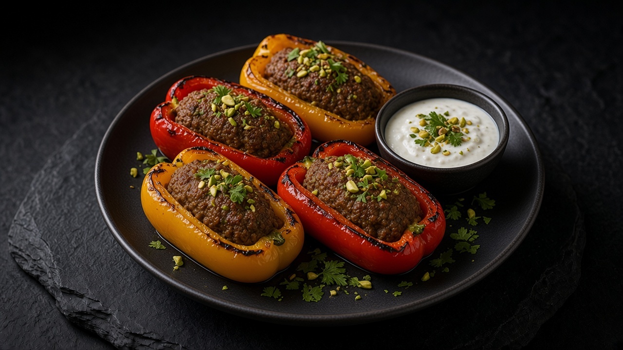 Grilled kofta-stuffed bell pepper halves topped with chopped pistachios and a bowl of lemon yogurt, on a matte dark plate.