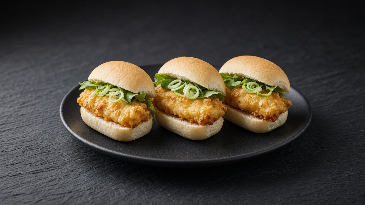 Three sliders of golden fried cod topped with spring onion and salad leaves in soft split rolls.