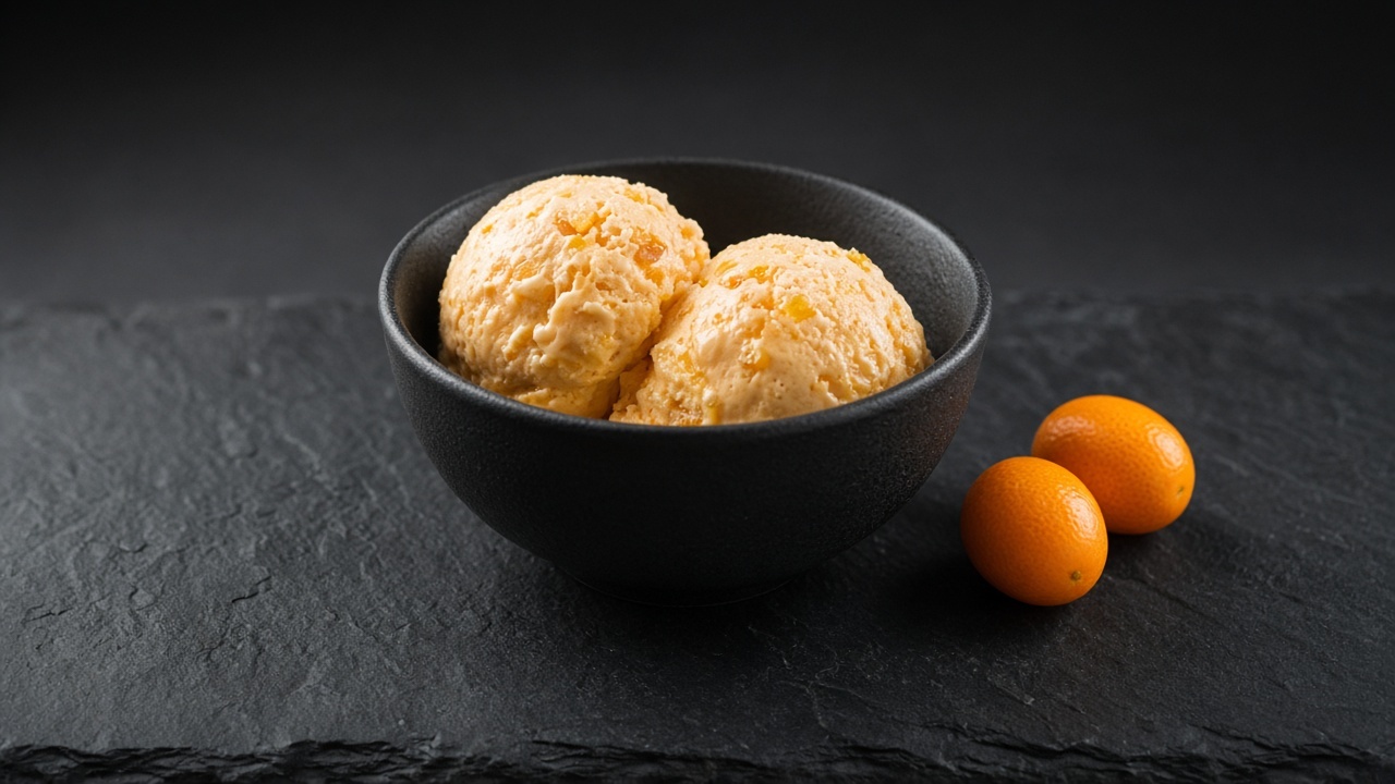 Two scoops of pale orange kumquat custard ice cream in a black bowl, with two whole kumquats beside it.