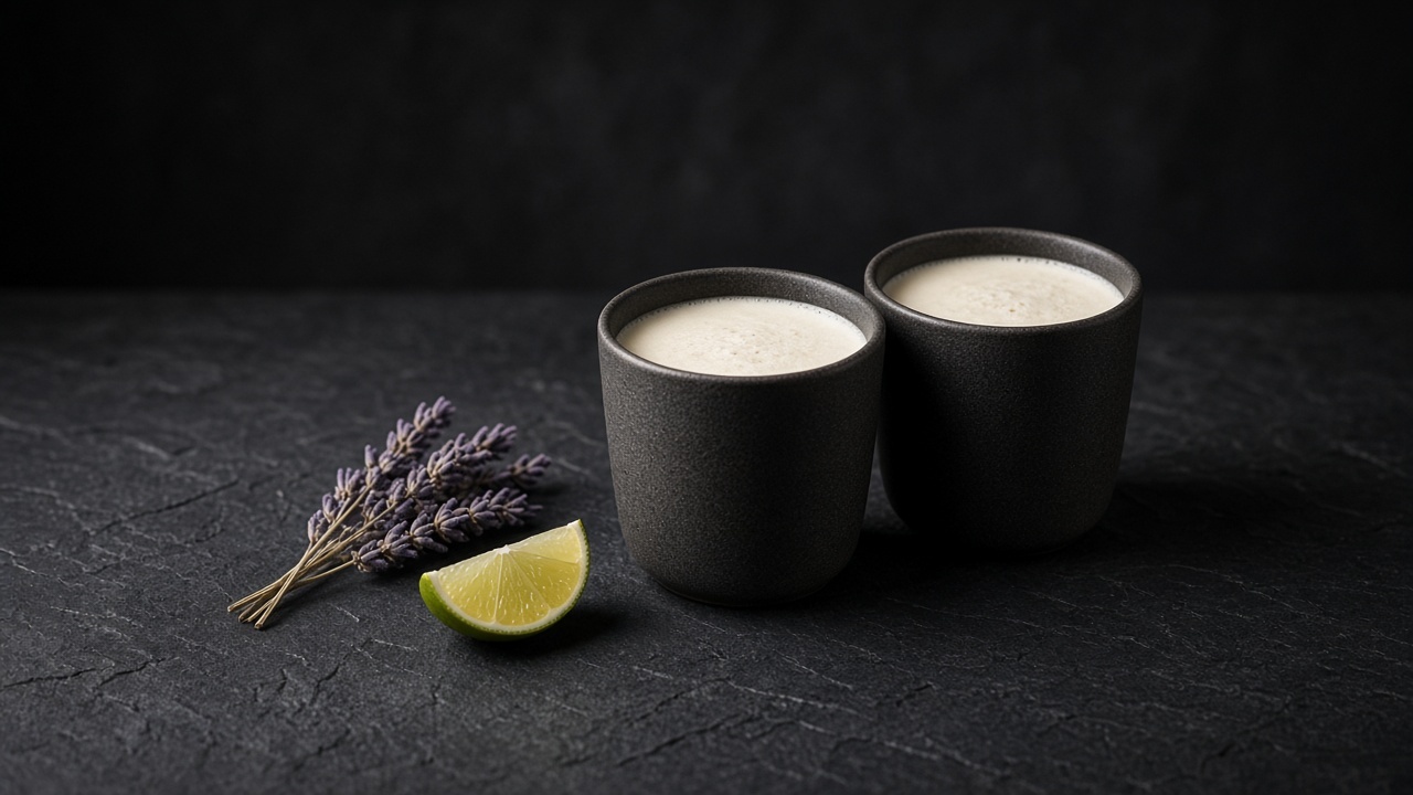 Two small cups of creamy white hot chocolate with a sprig of lavender and a lime wedge beside them.
