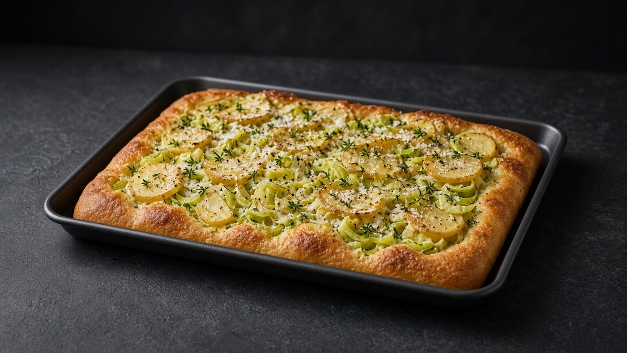 Golden focaccia covered with soft leeks, potato slices, thyme leaves and grated cheese.