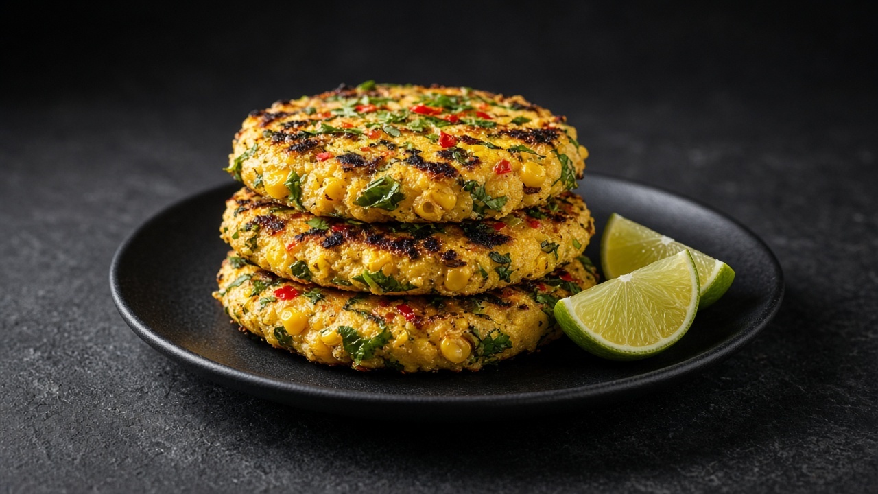 A stack of golden corn pancakes flecked with green herbs and chilli, served with lime wedges.