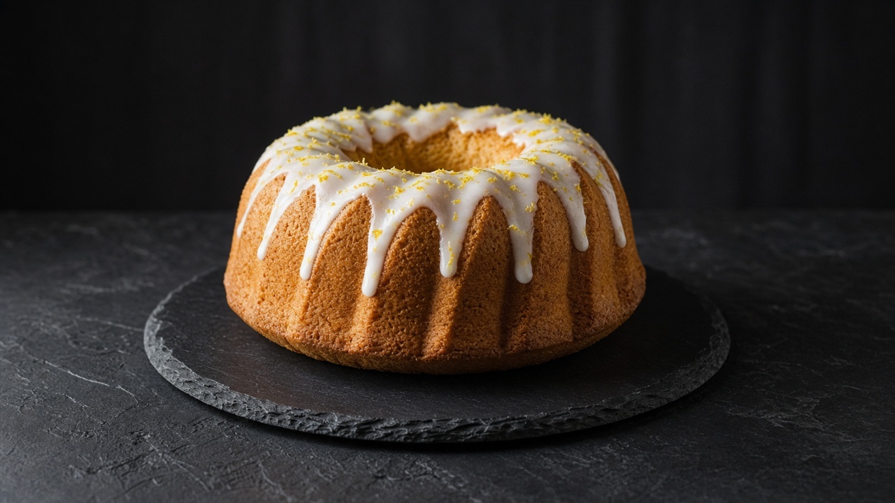 A golden lemon bundt cake dripping with white lemon glaze, flecked with zest.