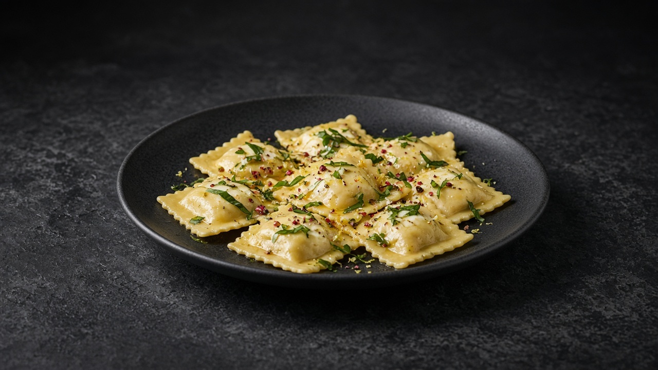 Lemon and goat cheese ravioli topped with crushed pink peppercorns, chopped tarragon and lemon zest on a black plate.