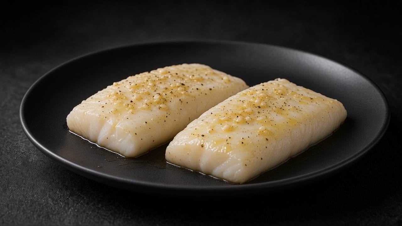 Two roasted lemon-marinated halibut fillets, opaque and just flaking, with garlic flecks and pan juices on a matte black plate.