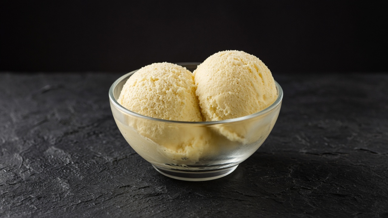 Two scoops of creamy pale yellow lemon and mascarpone gelato in a small glass dish.