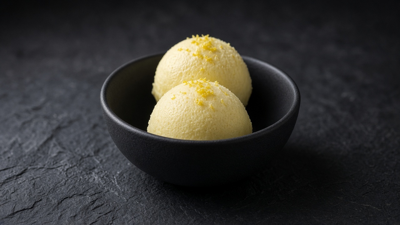 Two scoops of pale yellow lemon sherbet sprinkled with lemon zest in a black bowl.