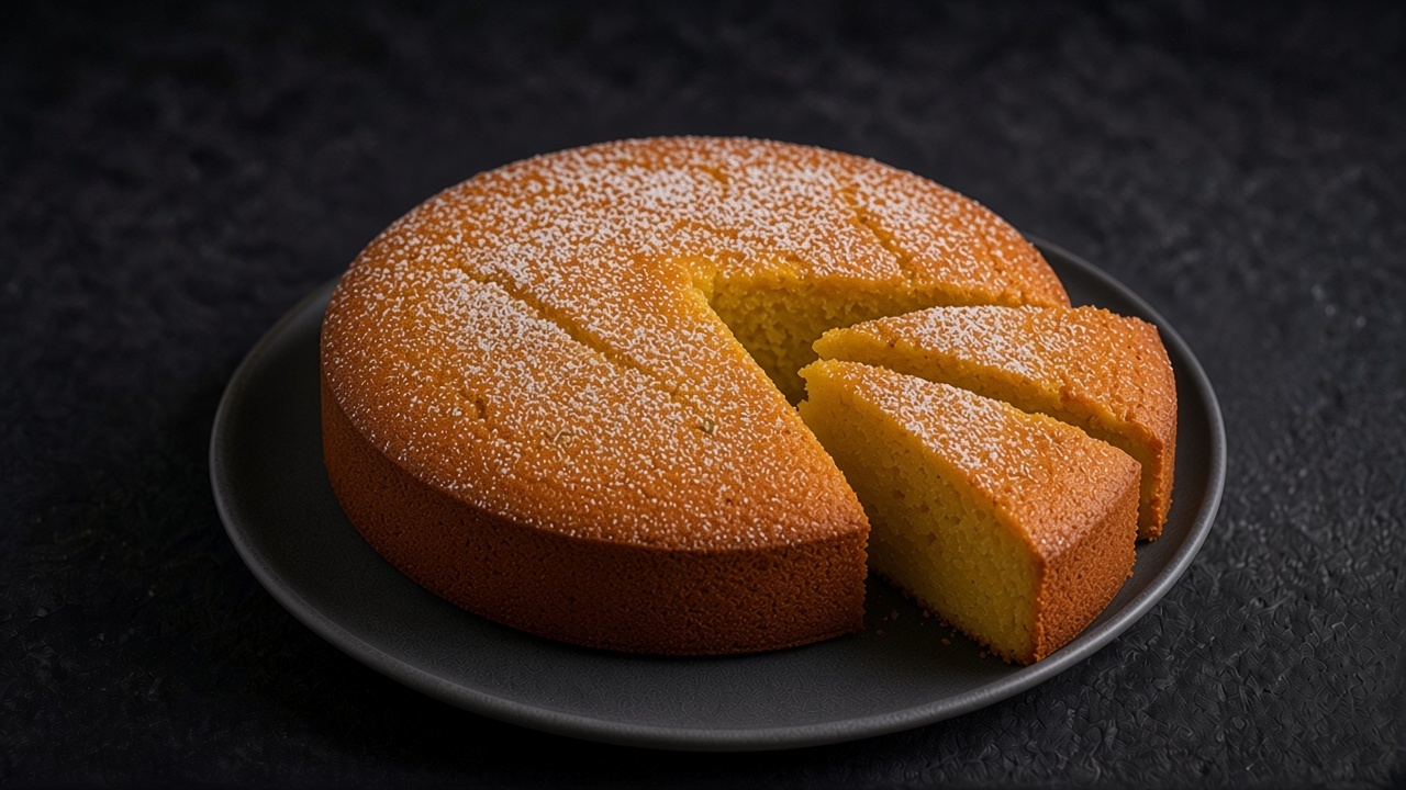A golden olive oil cake dusted with powdered sugar, sliced, on a matte dark plate.