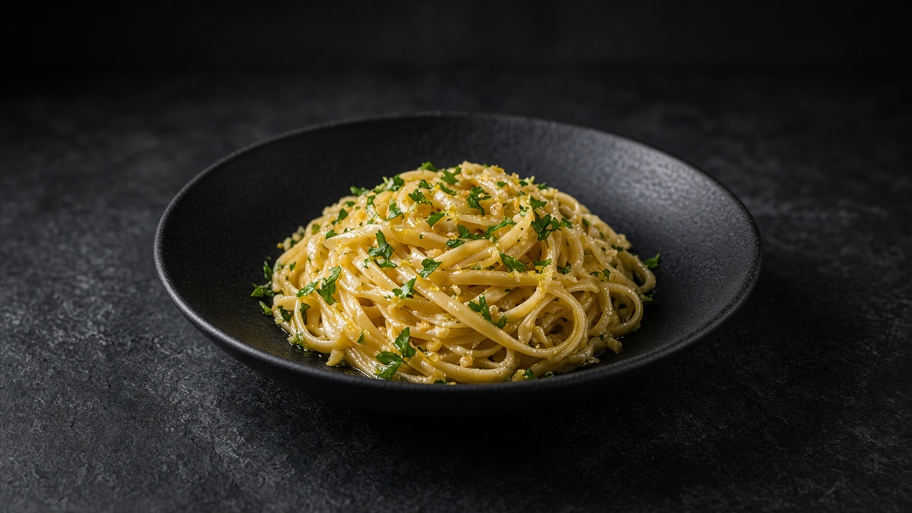 Linguine twisted in olive oil and garlic with lemon zest and chopped parsley in a matte black bowl.