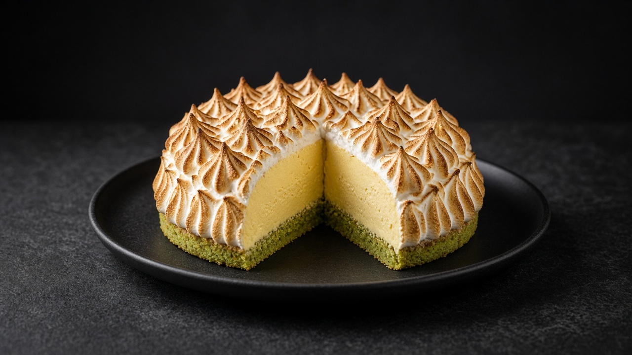 A baked Alaska covered in toasted meringue peaks on a green pistachio cake base, cut open to show pale lemon semifreddo.