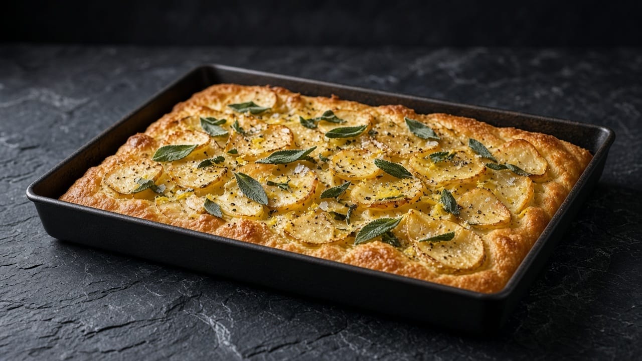 Focaccia covered with overlapping golden potato slices, torn sage and flecks of lemon zest.