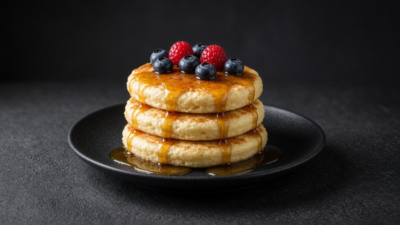 A stack of light, fluffy lemon-ricotta pancakes topped with fresh berries and a pour of amber maple syrup.