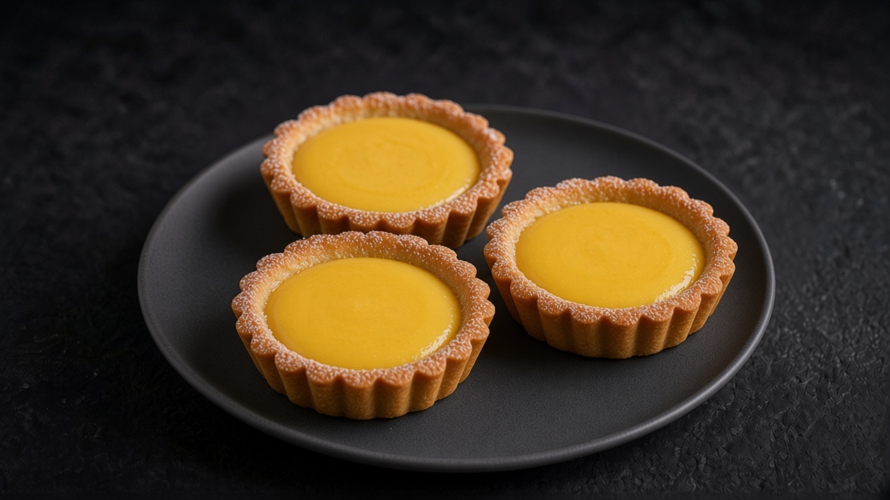 Golden fluted lemon tartlets with smooth yellow filling and a light dusting of icing sugar on a matte dark plate.