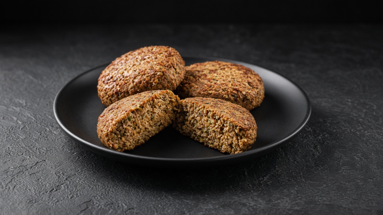 Three crispy golden-brown lentil patties, one cut open to show the dense, textured interior.