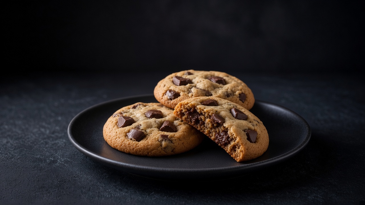 Thick less-sugar chocolate chip cookies with dark chocolate chunks on a black plate.