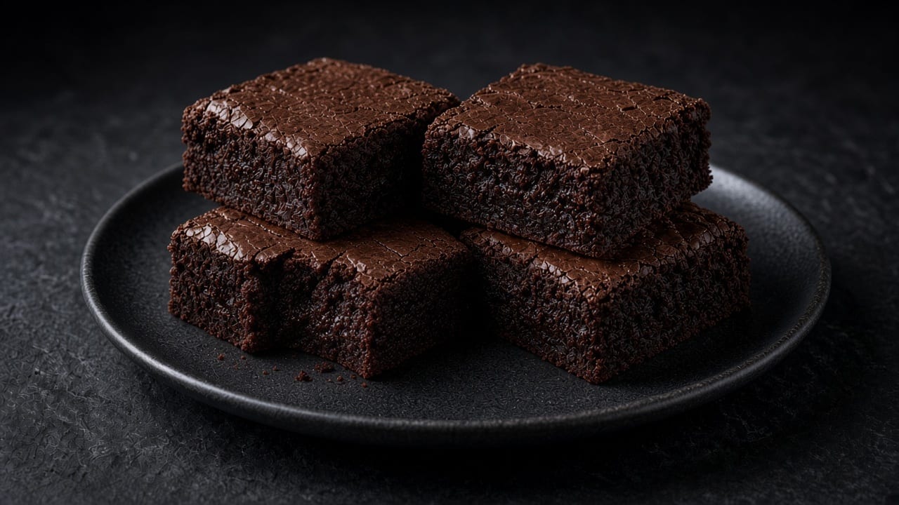 Squares of dark, fudgy less-sugar brownies with a thin crackled top on a black plate.