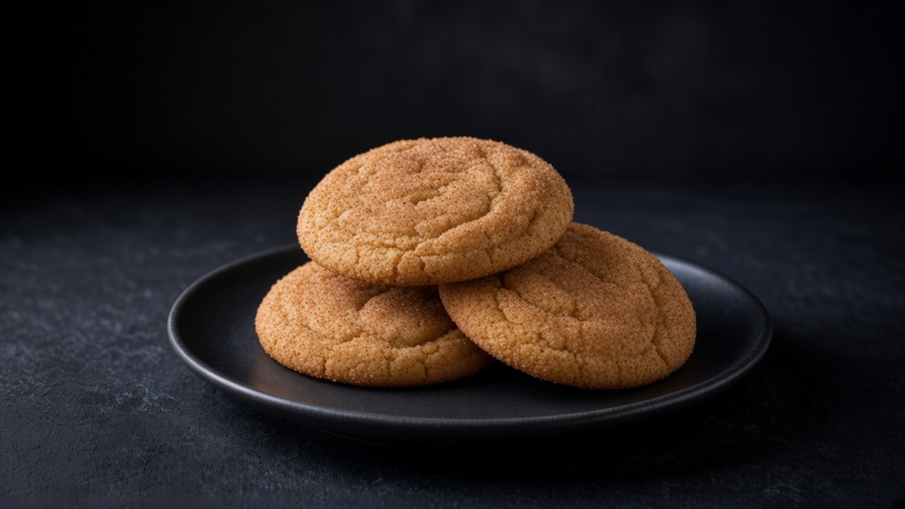 Less-sugar snickerdoodles with cinnamon-sugar crackled tops on a black plate.