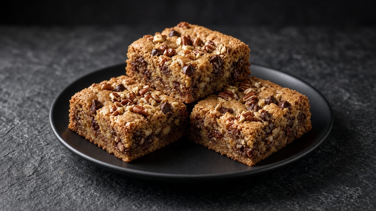 Thick golden blondie bars packed with chocolate chips and pecans.