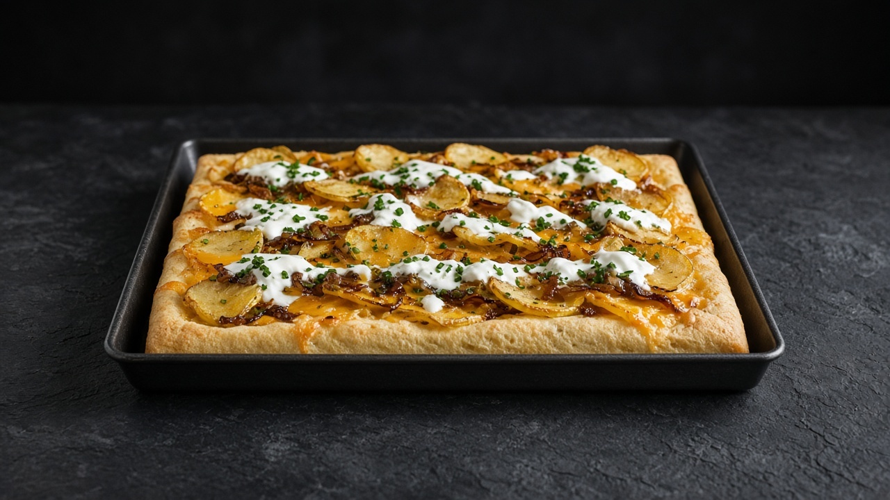 A rectangular pan pizza with a thick crust, topped with sliced golden potatoes, caramelised onion, melted cheddar, white streaks of soured cream and chopped chives.
