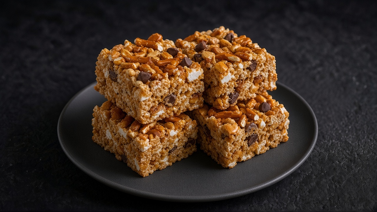 Stacked squares of loaded rice crispy treats studded with pretzels, peanuts, toffee bits and chocolate chips on a matte dark slate.