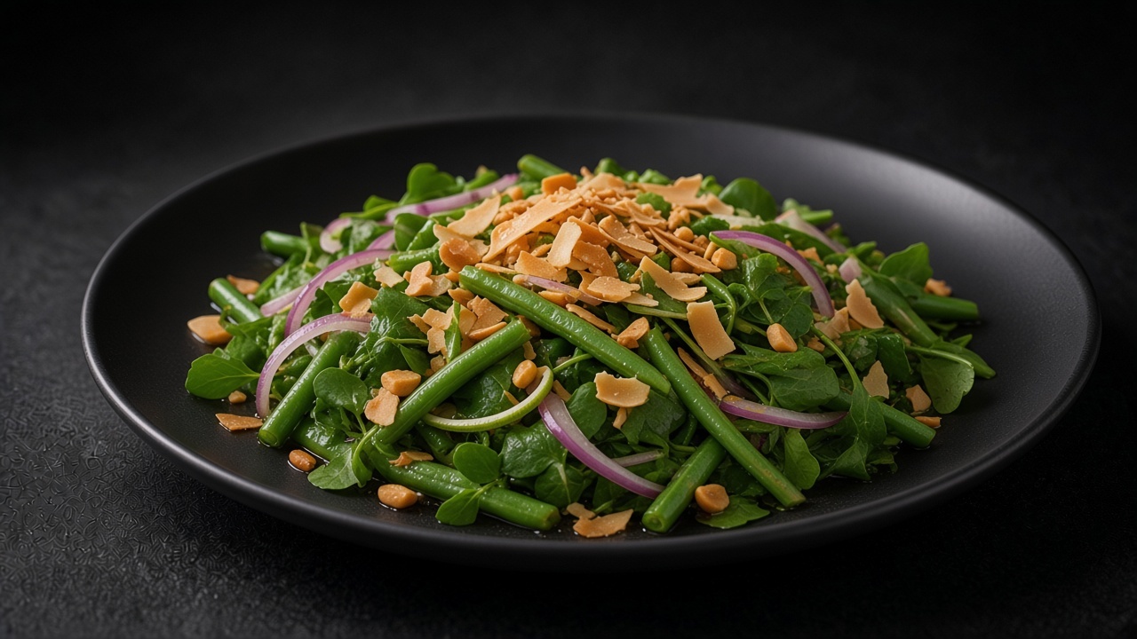 Long beans and wilted watercress tossed in a fish sauce and lime dressing, topped with toasted coconut flakes and chopped peanuts, on a matte black plate.
