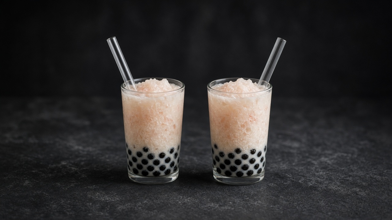 Two glasses of pale lychee coconut slush over black tapioca pearls, with clear straws.