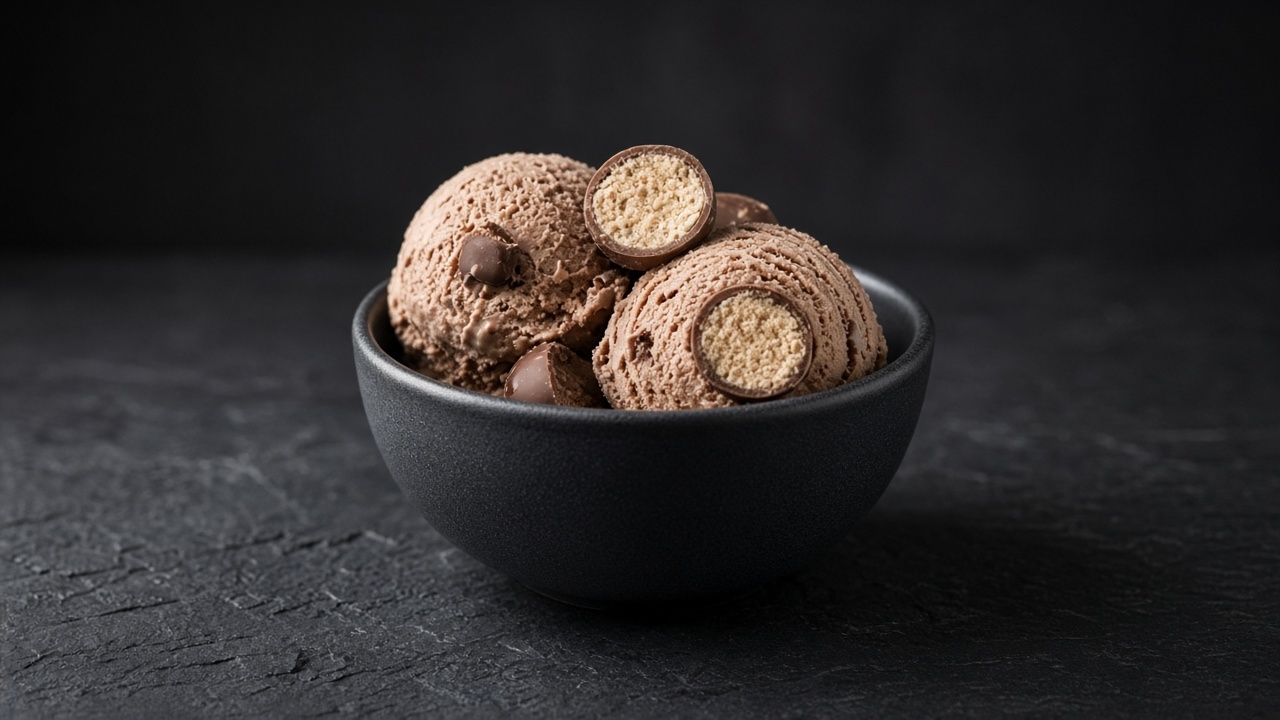 Scoops of milk chocolate malted ice cream with halved chocolate malt balls in a black bowl.